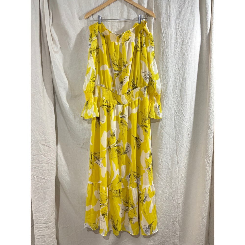 Chico's Yellow Floral Off Shoulder Maxi Dress Smocked Waist Size 3.5 US 18